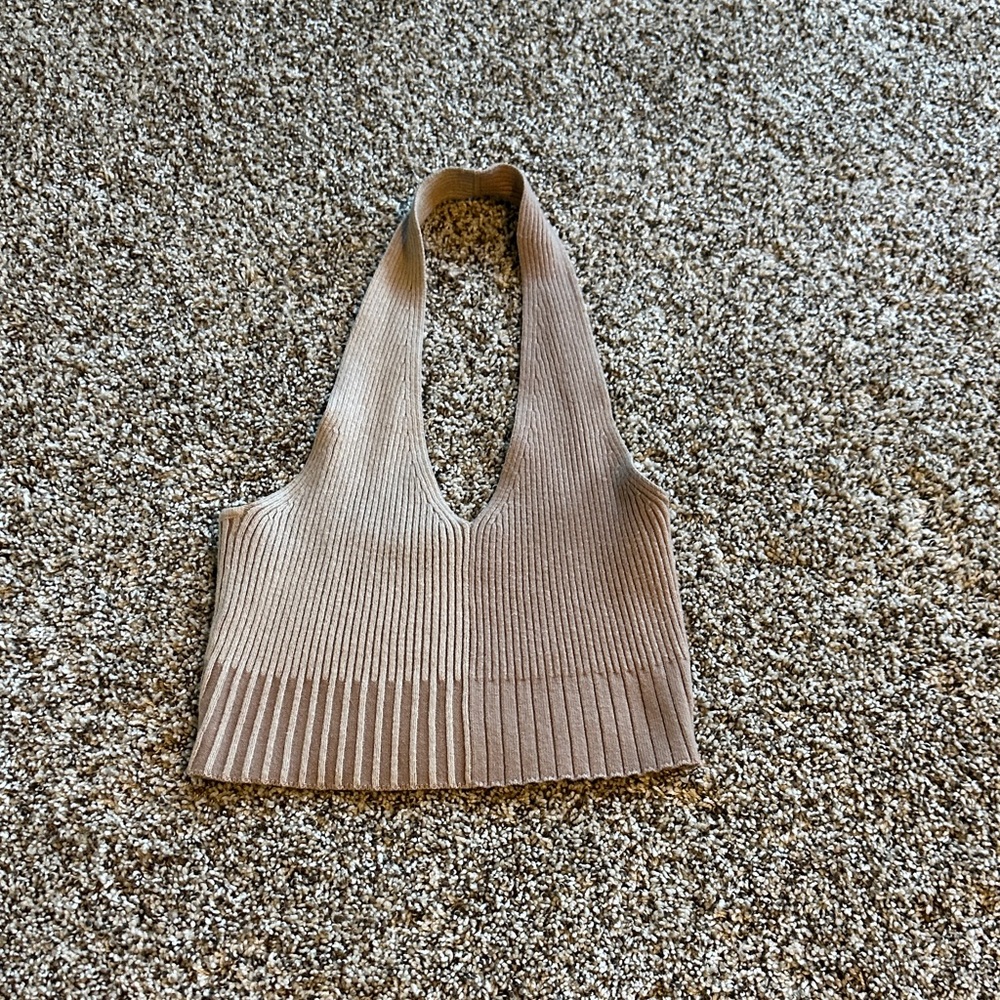 La Hearts Tan Ribbed Knit Halter Top